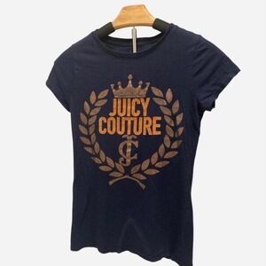 Y2K Navy Juicy Couture tee with gold crown and laurel wreath print